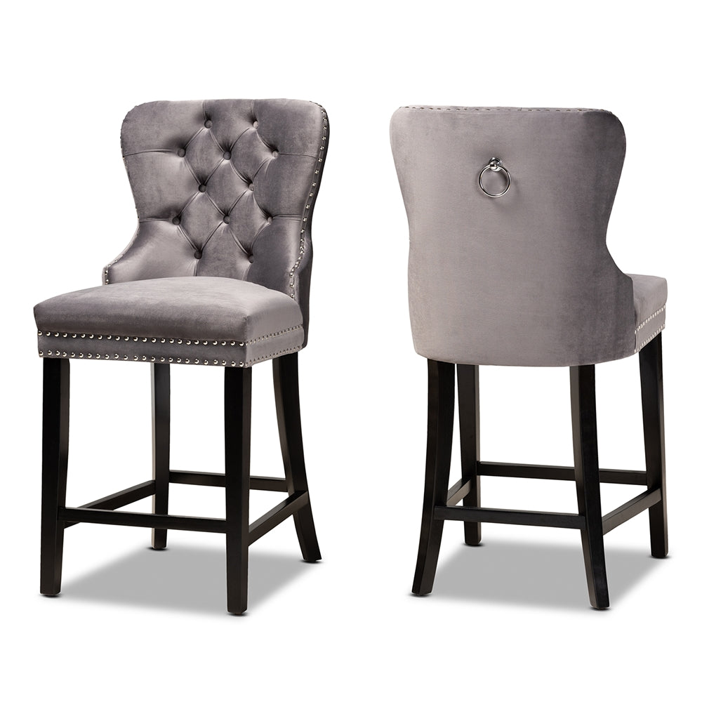 Baxton Studio Howell Modern Transitional Grey Velvet Upholstered And Dark Brown Finished Wood 2-Piece Counter Stool Set