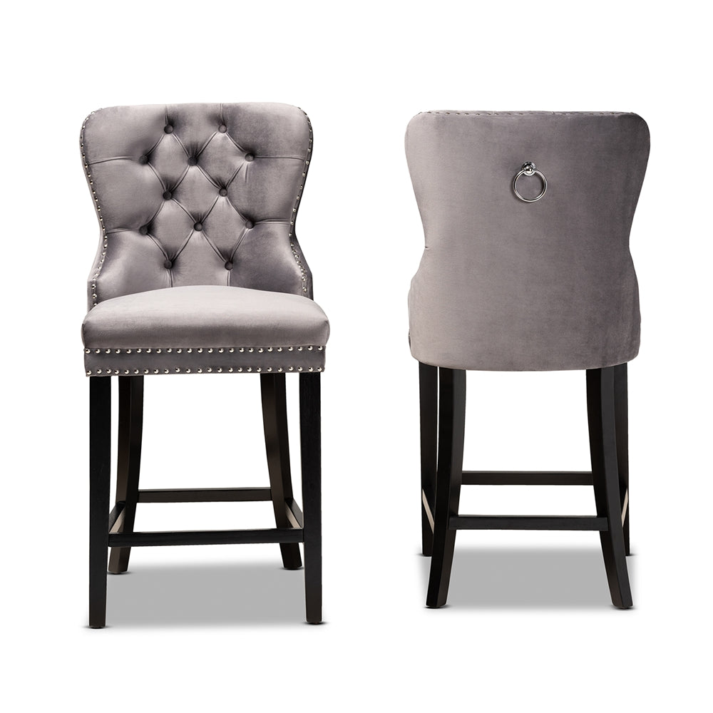 Baxton Studio Howell Modern Transitional Grey Velvet Upholstered And Dark Brown Finished Wood 2-Piece Counter Stool Set