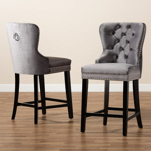 Baxton Studio Howell Modern Transitional Grey Velvet Upholstered And Dark Brown Finished Wood 2-Piece Counter Stool Set