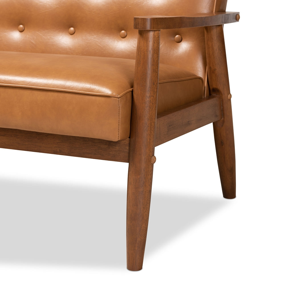 BAXTON STUDIO SORRENTO MID-CENTURY MODERN TAN FAUX LEATHER UPHOLSTERED AND WALNUT BROWN FINISHED WOOD 3-PIECE LIVING ROOM SET