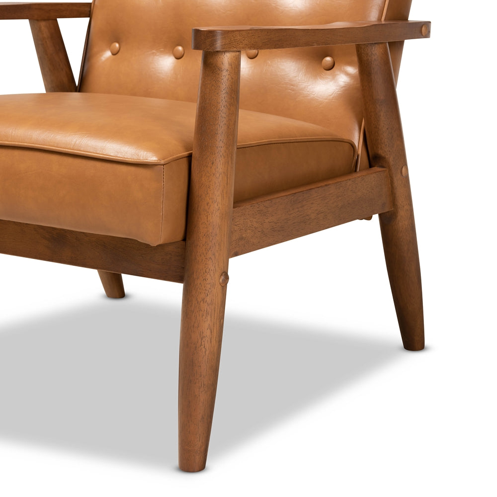 BAXTON STUDIO SORRENTO MID-CENTURY MODERN TAN FAUX LEATHER UPHOLSTERED AND WALNUT BROWN FINISHED WOOD LOUNGE CHAIR
