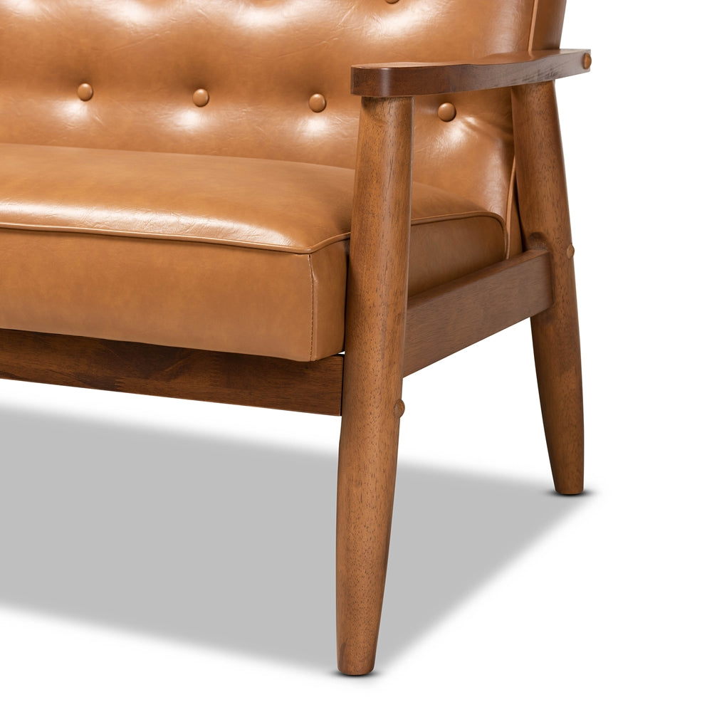 BAXTON STUDIO SORRENTO MID-CENTURY MODERN TAN FAUX LEATHER UPHOLSTERED AND WALNUT BROWN FINISHED WOOD LOVESEAT