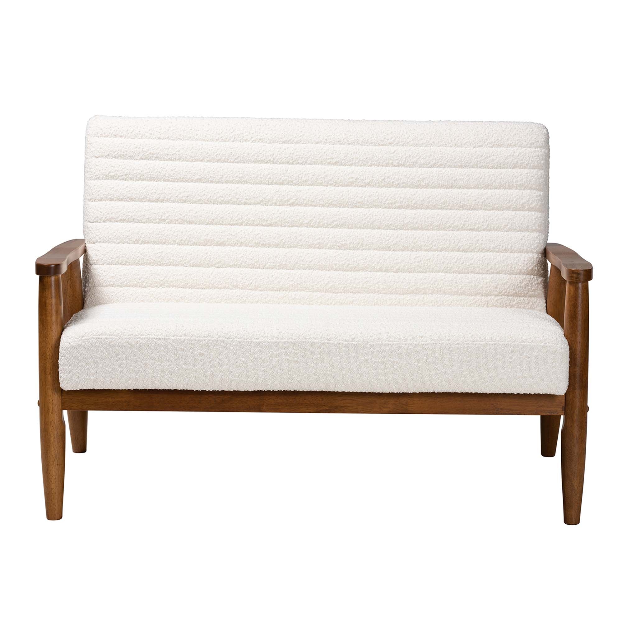 Baxton Studio Stratton Mid-Century Modern Cream Boucle Fabric And Walnut Brown Finished Wood Loveseat