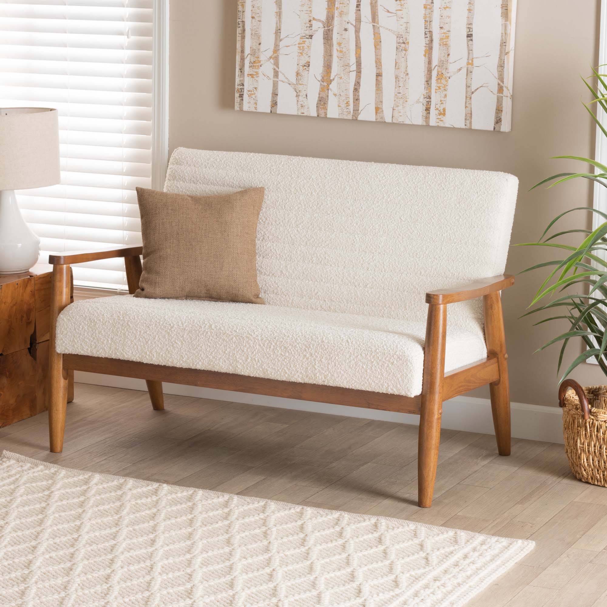 Baxton Studio Stratton Mid-Century Modern Cream Boucle Fabric And Walnut Brown Finished Wood Loveseat