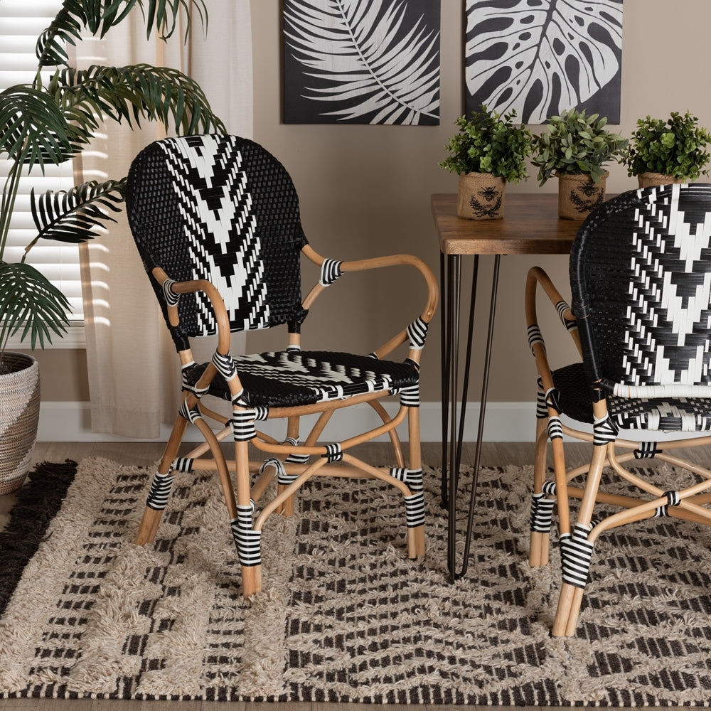 Baxton Studio Wallis Modern French Two-Tone Black And White Weaving And Natural Rattan Indoor Dining Chair
