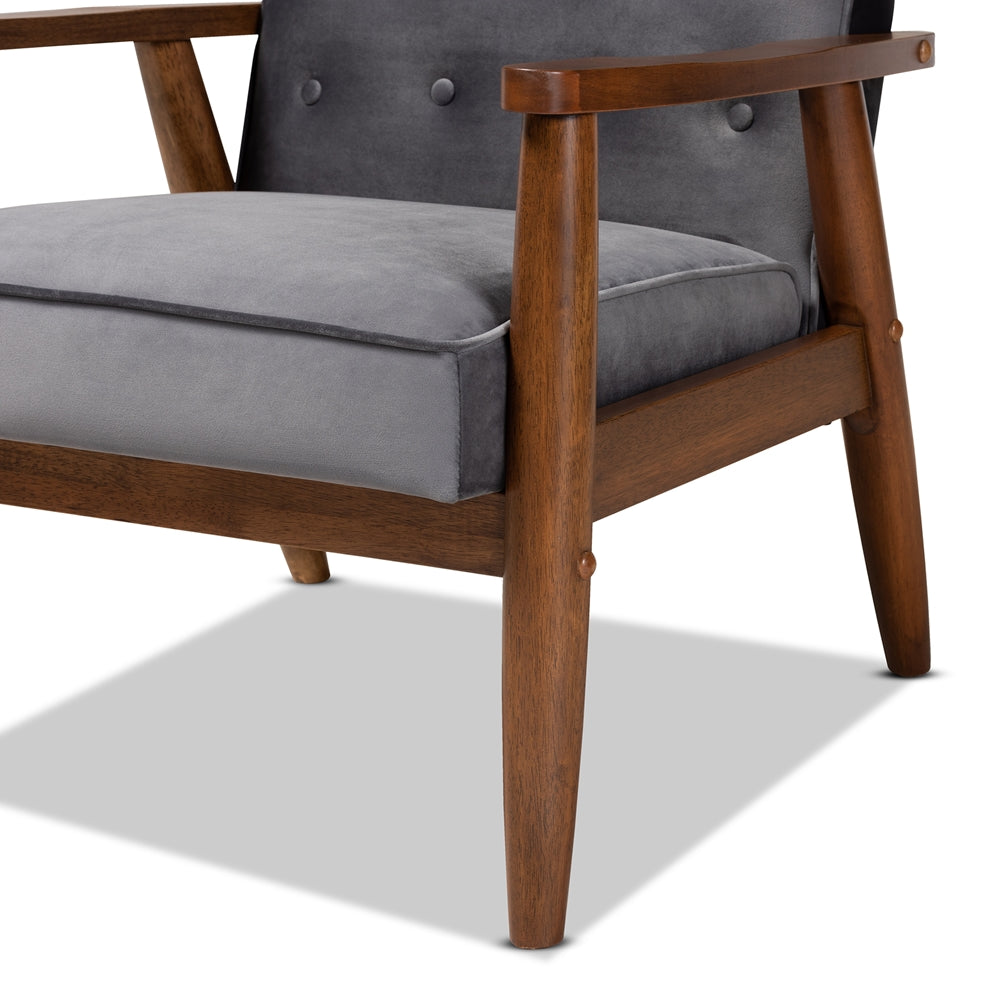 BAXTON STUDIO SORRENTO MID-CENTURY MODERN GREY VELVET FABRIC UPHOLSTERED WALNUT FINISHED WOODEN LOUNGE CHAIR