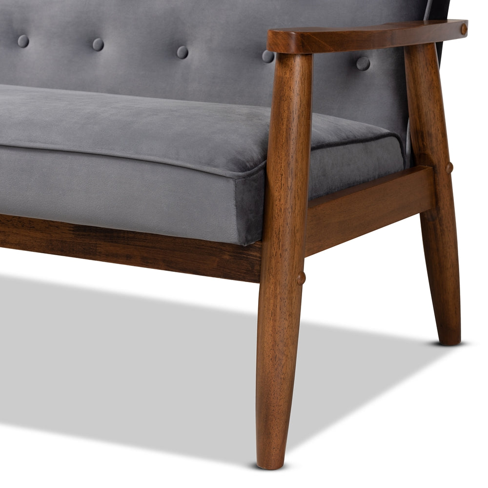 BAXTON STUDIO SORRENTO MID-CENTURY MODERN GREY VELVET FABRIC UPHOLSTERED WALNUT FINISHED 3-PIECE WOODEN LIVING ROOM SET