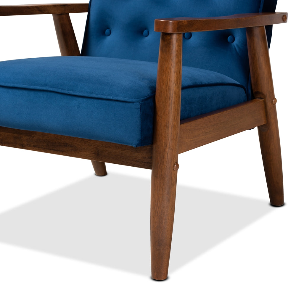 BAXTON STUDIO SORRENTO MID-CENTURY MODERN NAVY BLUE VELVET FABRIC UPHOLSTERED WALNUT FINISHED WOODEN LOUNGE CHAIR