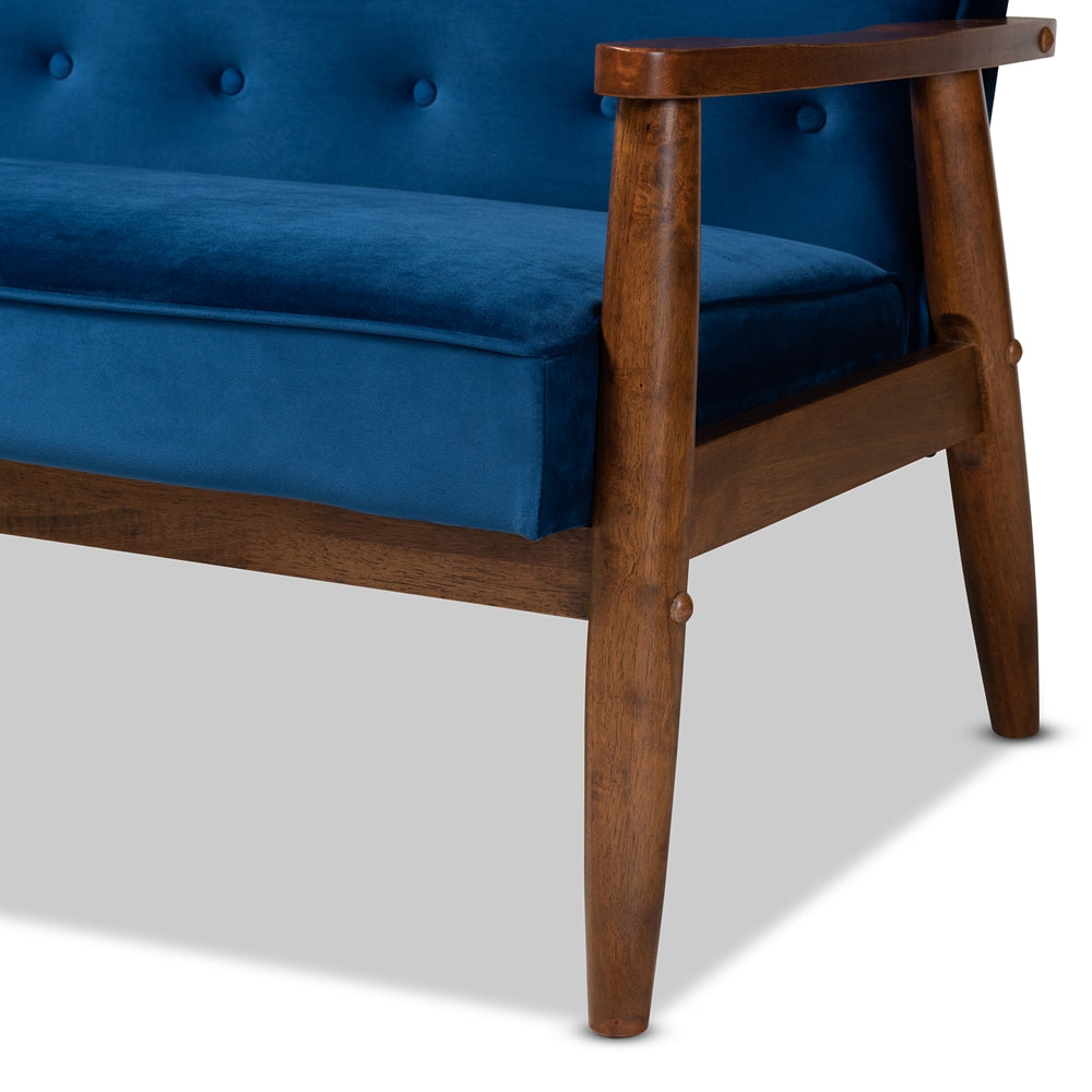 BAXTON STUDIO SORRENTO MID-CENTURY MODERN NAVY BLUE VELVET FABRIC UPHOLSTERED WALNUT FINISHED 3-PIECE WOODEN LIVING ROOM SET