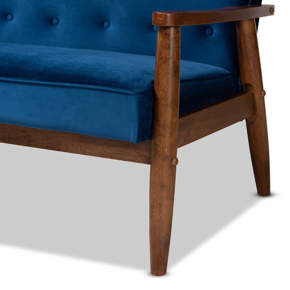 BAXTON STUDIO SORRENTO MID-CENTURY MODERN NAVY BLUE VELVET FABRIC UPHOLSTERED WALNUT FINISHED WOODEN 3-SEATER SOFA