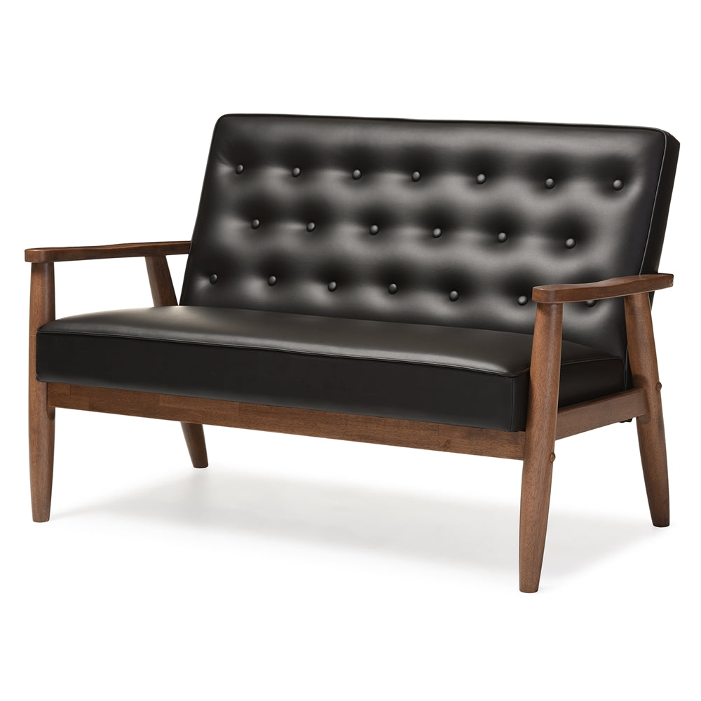 BAXTON STUDIO SORRENTO MID-CENTURY RETRO MODERN BLACK FAUX LEATHER UPHOLSTERED WOODEN 2-SEATER LOVESEAT